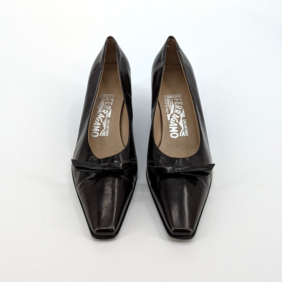 Salvatore Ferragamo Dark Brown Leather Bow Kitten Heel Pumps 7.5 B Italy - Picture 2 of 9